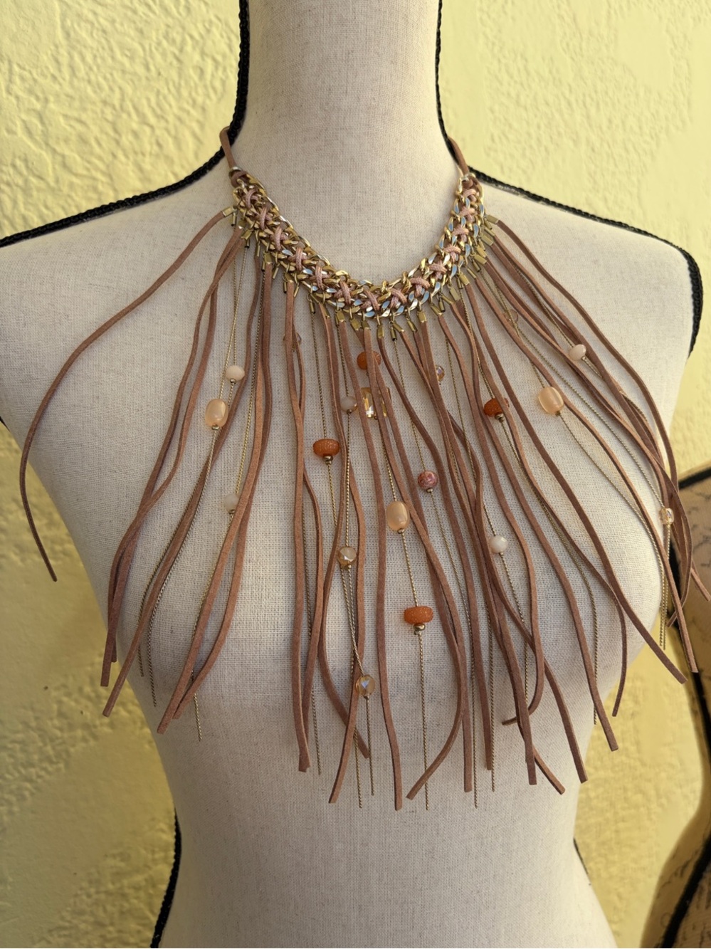 Chico's Layered Fringe Necklace in Tan and Gold